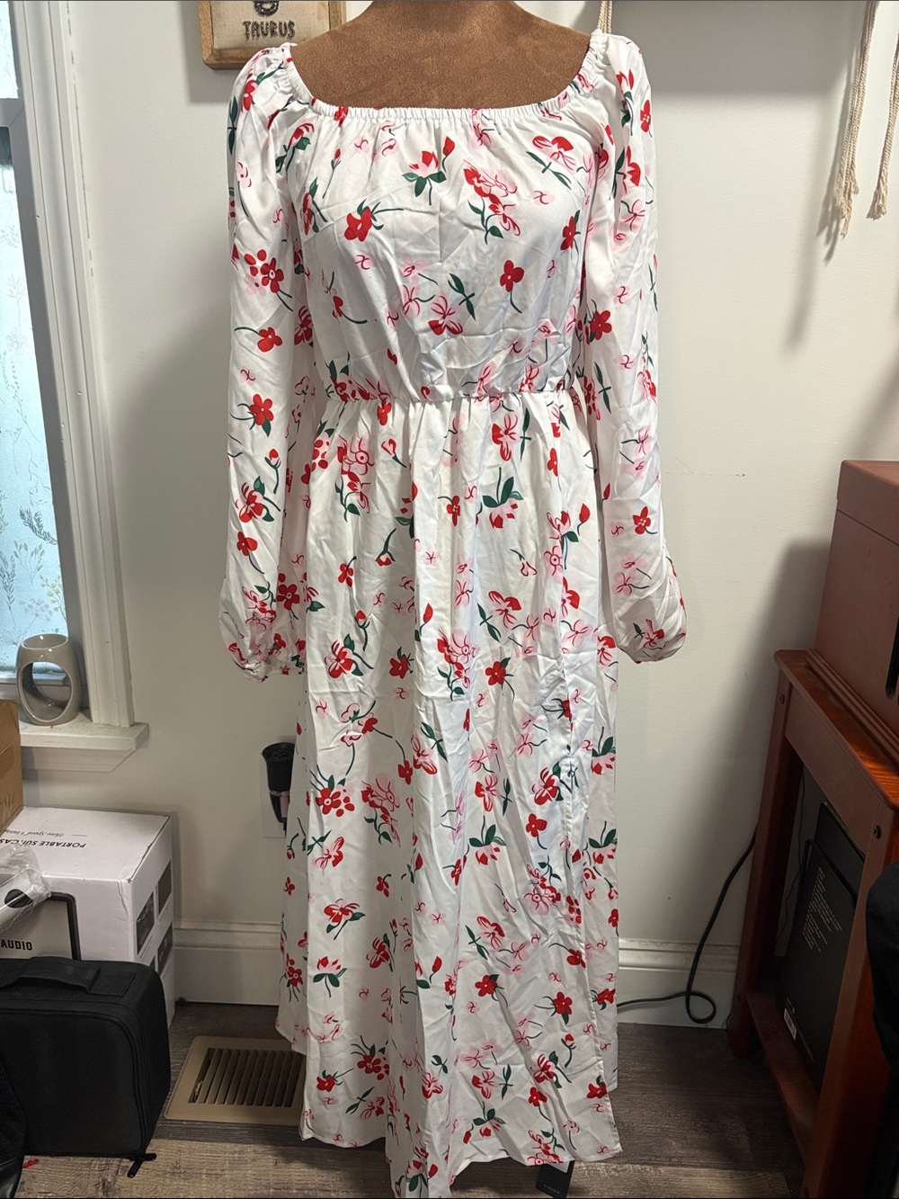 White Floral Long Sleeve Maxi Dress with Red Flowers *NWT*